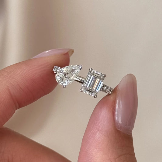1.6 TCW Emerald & Pear Toi Et Moi Pave Lab-Grown Diamond Engagement Ring.