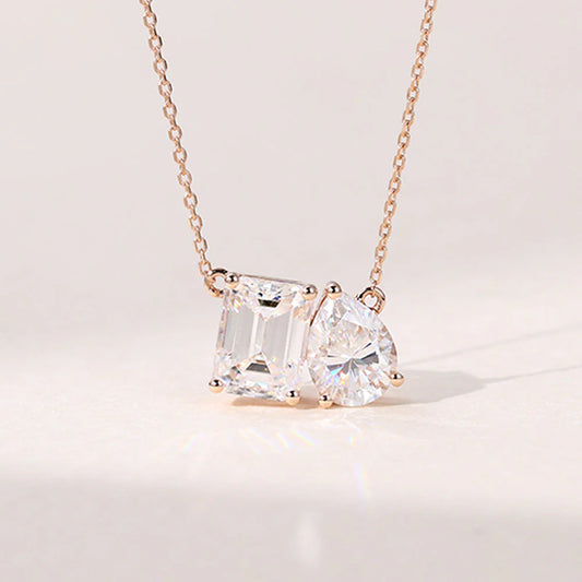 3.0 TCW Emerald & Pear Moissanite Two Stone Pendant Necklace in Solid Gold