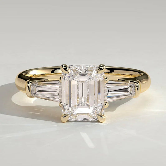 2 CT Emerald Three Stone Lab Grown Diamond Engagement Ring.