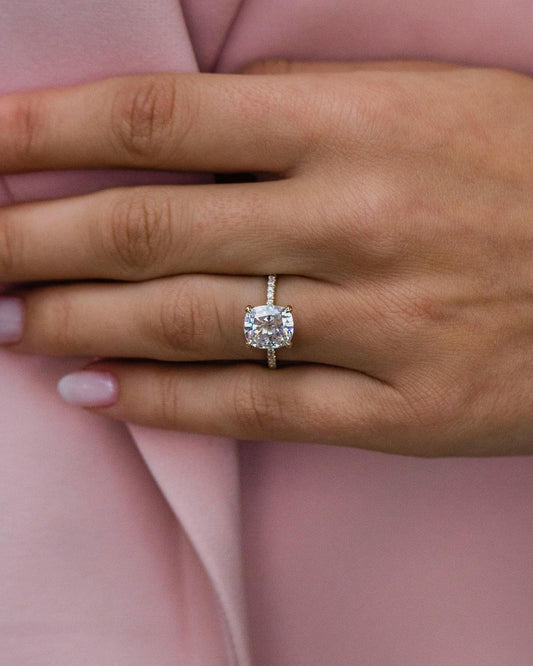 2.80 CT Cushion Solitaire Hidden Halo Moissanite Engagement Ring in Gold