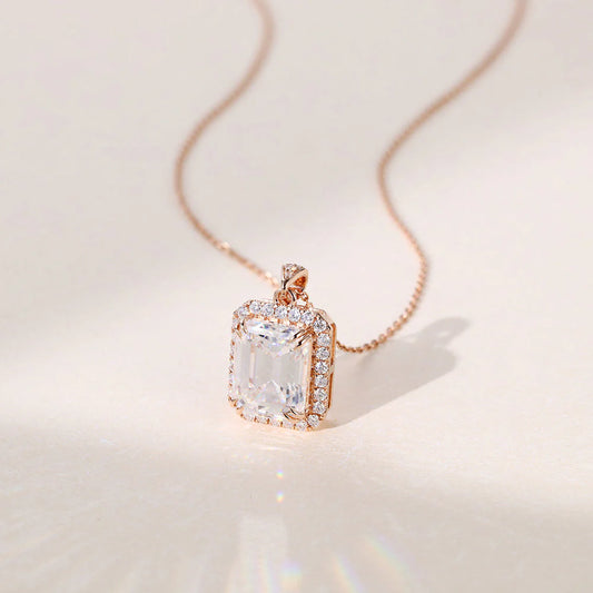 2.20 TCW Emerald Moissanite Halo Pendant Necklace in Solid Gold