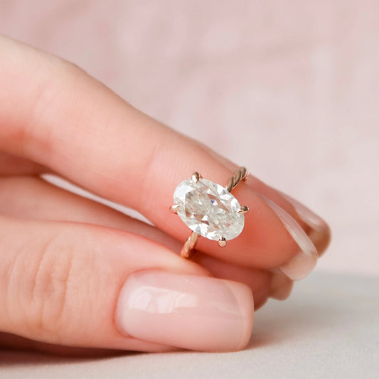 3.5 CT Oval Twisted Band and Hidden Halo Moissanite Engagement Ring.
