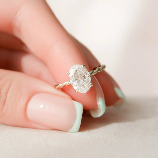 2.0 CT Oval Twisted Band & Hidden Halo Moissanite Engagement Ring.
