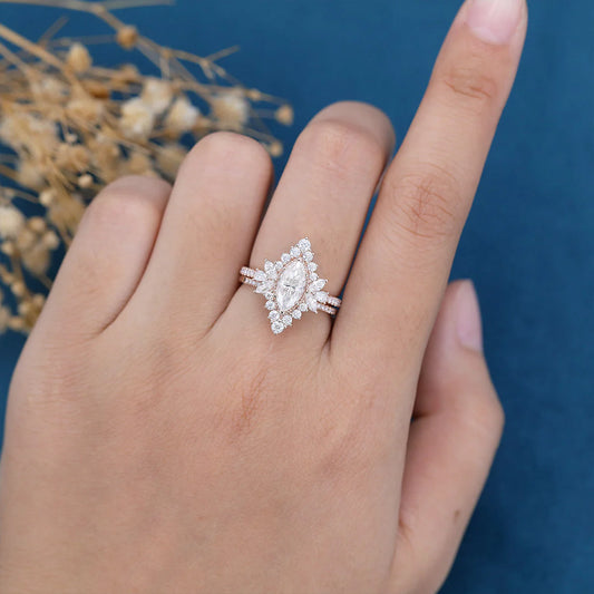 0.90 CT Marquise Moissanite Cluster Bridal Ring Set in Gold