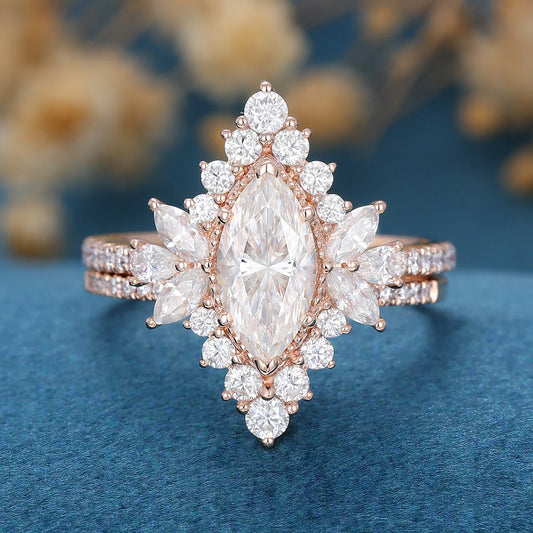 0.90 CT Marquise Moissanite Cluster Bridal Ring Set in Gold