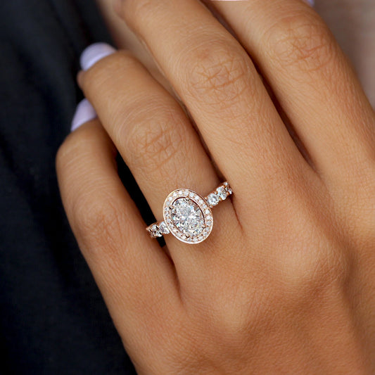 1.5 CT Oval Lab-Grown Diamond Ring – Halo Setting with Pave Band, Maximum Brilliance.