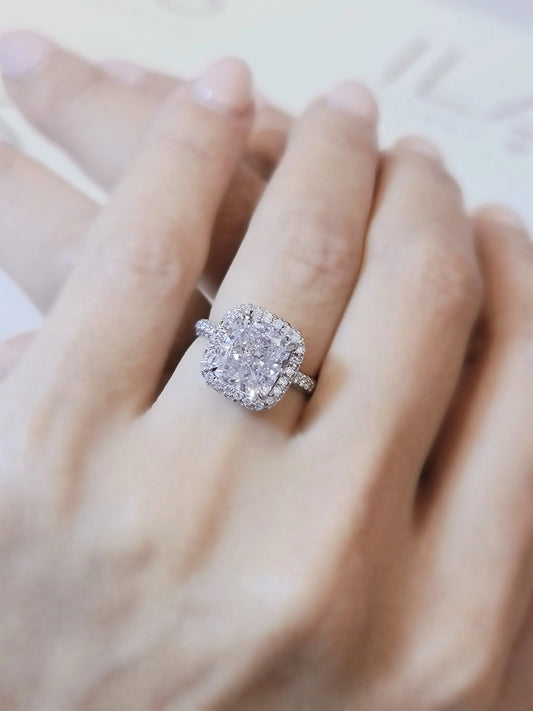 3 CT Cushion Cut Lab-Grown Diamond Engagement Ring – Halo & Pave Band, Brilliant Sparkle.