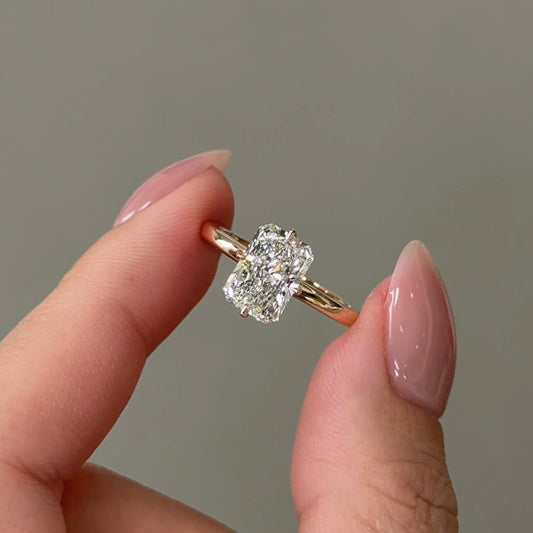 2.09 CT Elongated Cushion Hidden Halo Lab Grown Diamond Engagement Ring.