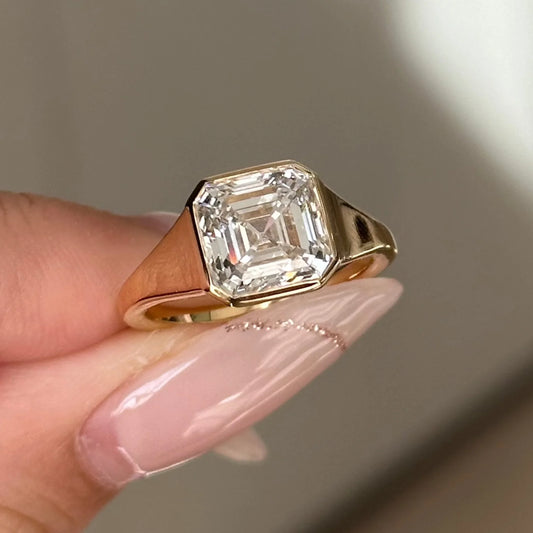 3 CT Asscher Bezel Solitaire Lab Grown Diamond Engagement Ring.