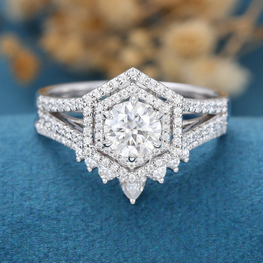 0.68 CT Round Moissanite Double Halo Bridal Ring Set in Gold