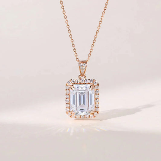 2.20 TCW Emerald Moissanite Halo Pendant Necklace in Solid Gold
