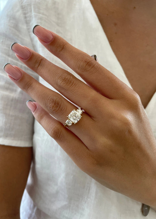 2.6 CT Cushion Three Stone Lab Grown Diamond Engagement Ring.
