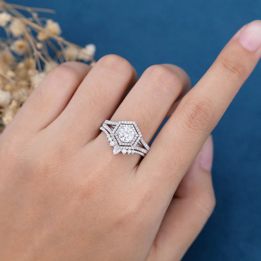 0.68 CT Round Moissanite Double Halo Bridal Ring Set in Gold
