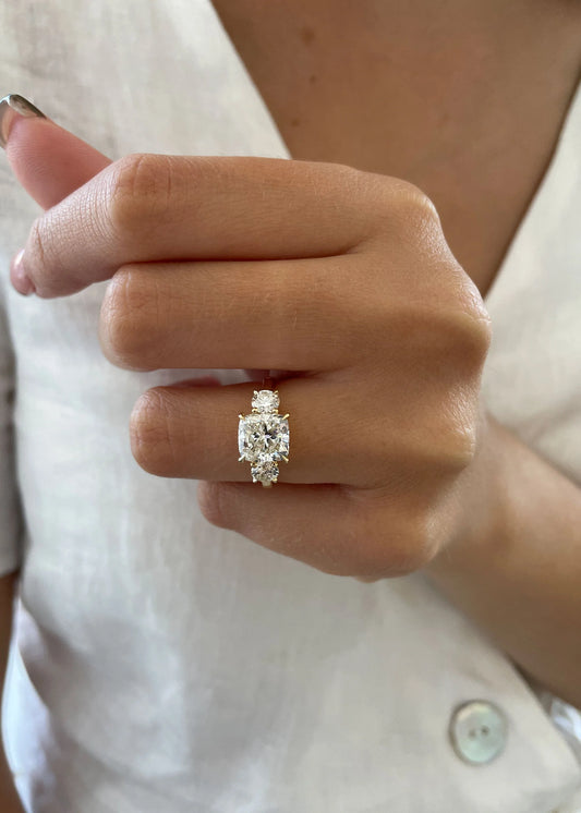 2.6 CT Cushion Three Stone Lab Grown Diamond Engagement Ring.