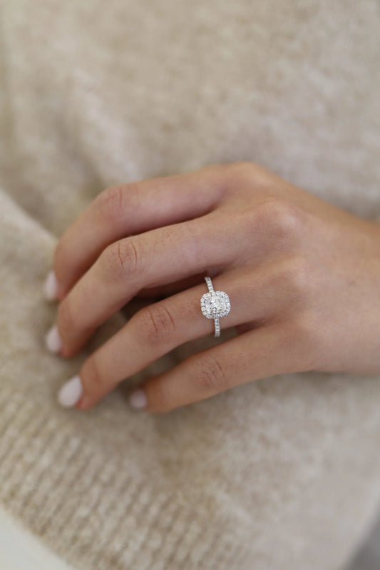 1.02 CT Radiant Cut Lab-Grown Diamond Ring – Halo Setting with Pave Band, Maximum Shine