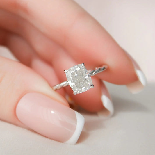 2.0 CT Cushion Twisted Band & Hidden Halo Moissanite Engagement Ring.