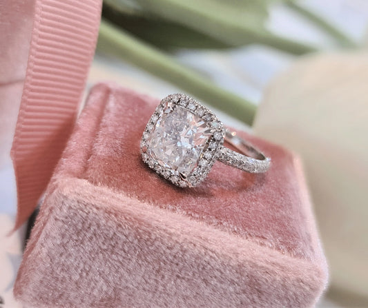 3 CT Cushion Cut Lab-Grown Diamond Engagement Ring – Halo & Pave Band, Brilliant Sparkle.
