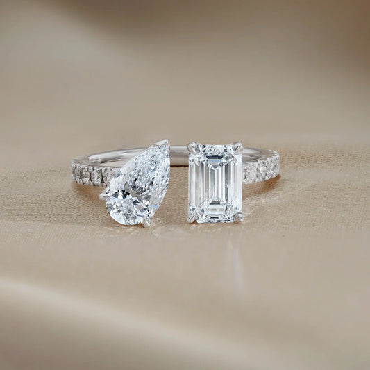 1.6 TCW Emerald & Pear Toi Et Moi Pave Lab-Grown Diamond Engagement Ring.